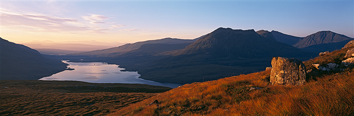 mountainous landscape, inverpolly, loch, lurgainn, coigach, autumnal, grasses, rock, stac polly, panorama, scotland, photo