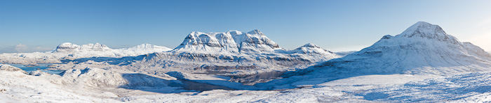 suilven, canisp, cul mor, assynt, scotland, inverpolly, winter, snow, mountains, blue, nature reserve, panorama, photo