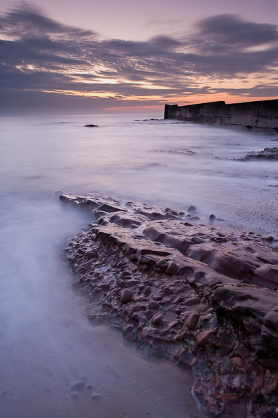rocky, pebbles, beach, Auchmithie, harbour, coastal erosion, sunrise, waves, smooth, angus, scotland, low tide, outcrops, photo