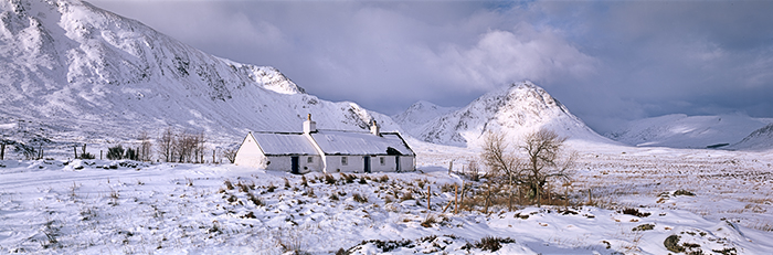 black rock, cottage, glencoe, buachaille etvie mor, mountains, snow, winter, highlands, scotland, scottish climbing, photo