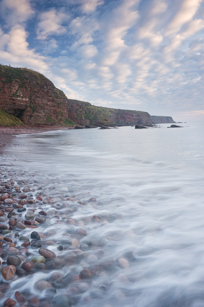 bay, waves, tide, pebbles, cloud formations, pattern, auchmithie, scotland, photo