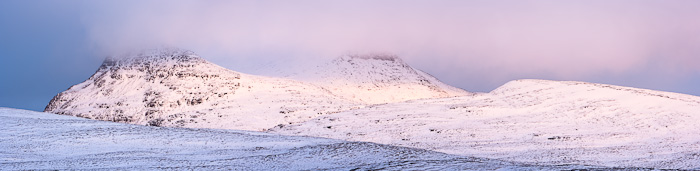 tops, cul mor, first, rays, sunlight, freezing, mountain, clouds, snow covered, assynt, scotland, winters, sunrise, photo