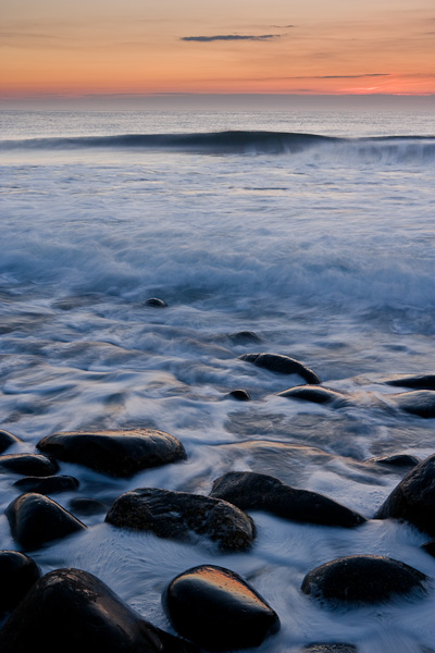 dawn, first light, rising, tide, swell, boulders, rocky, beach, wave, waves, clouds, northumberland, england, photo
