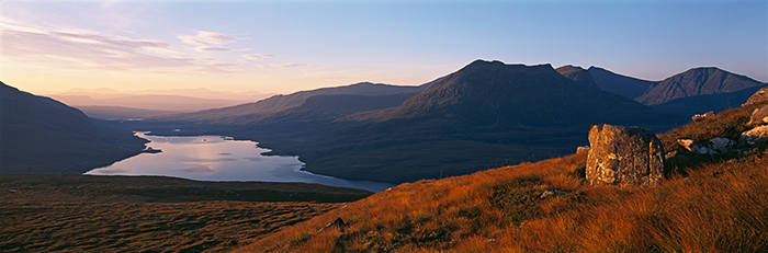 mountainous landscape, inverpolly, loch, lurgainn, coigach, autumnal, grasses, rock, stac polly, panorama, scotland